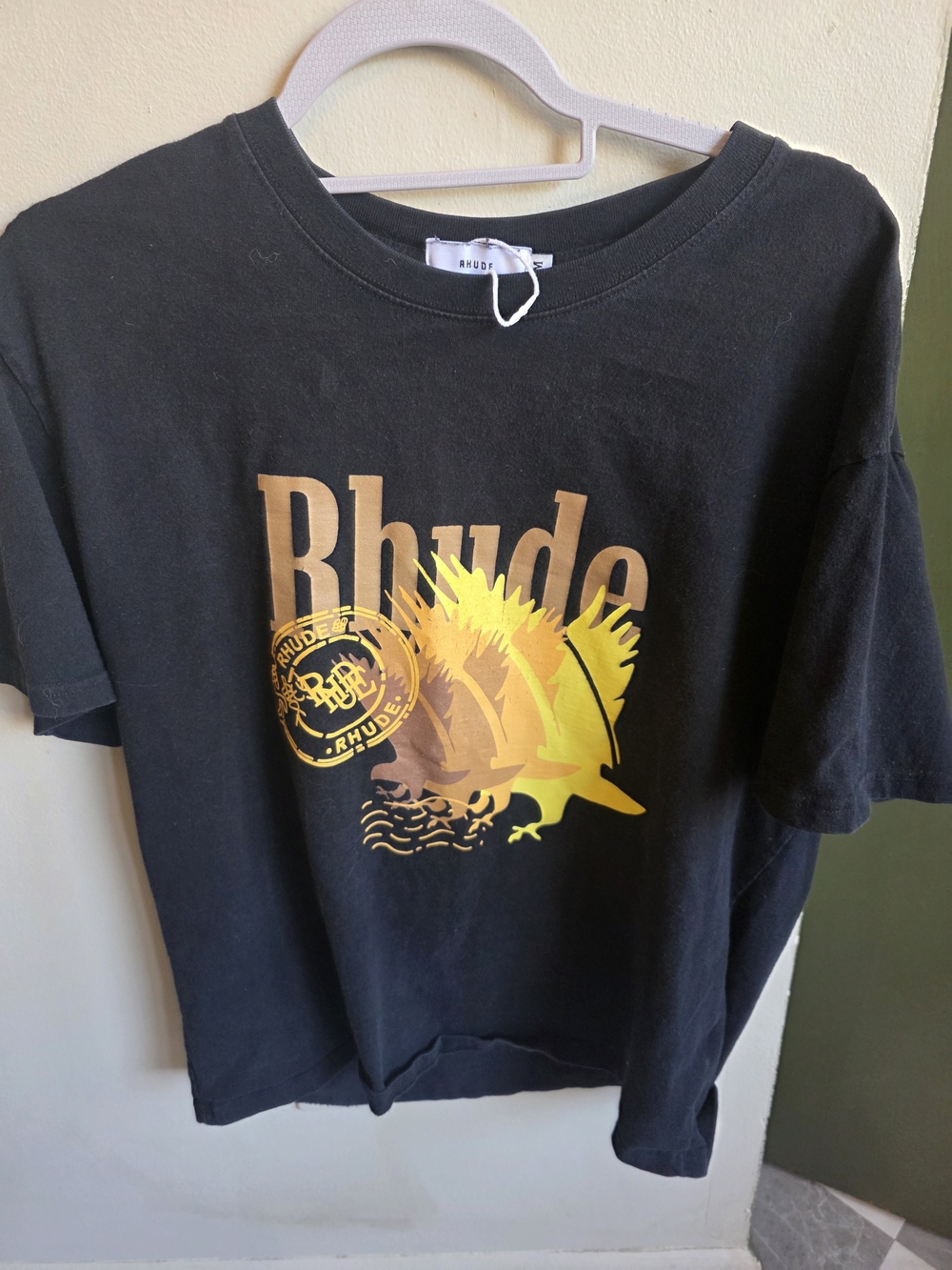 Rhude Men's Graphic T-Shirt Black Cotton Logo Print Size Medium